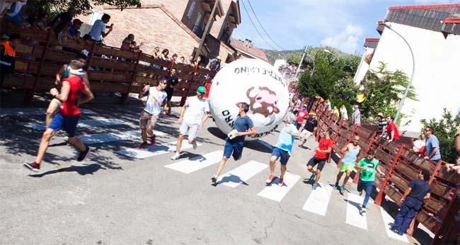 The participants run in front of the giant ball