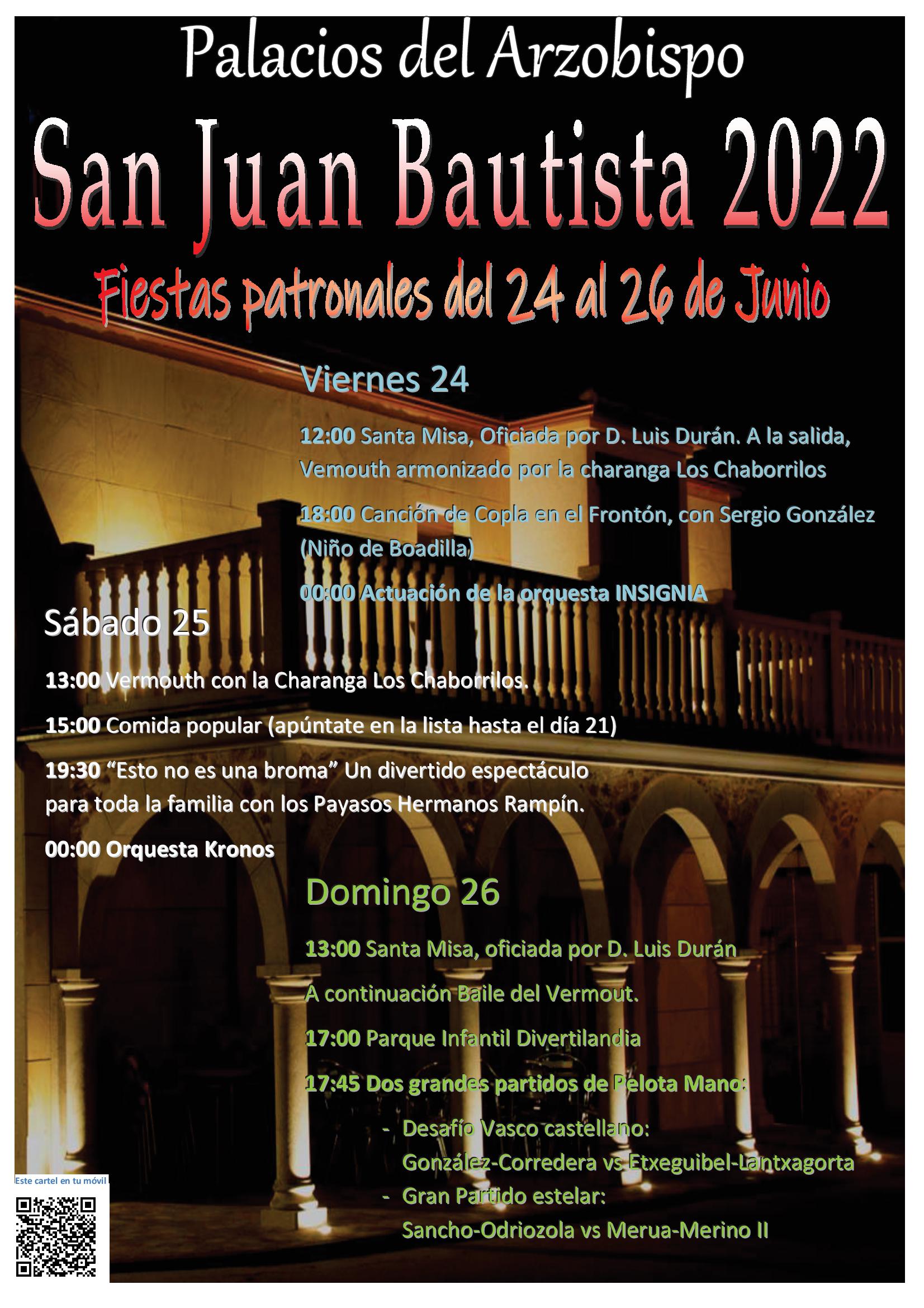 Programa de festejos Fiestas Patronales de Palacios del Arzobispo en honor a Juan Bautista. Año 2022