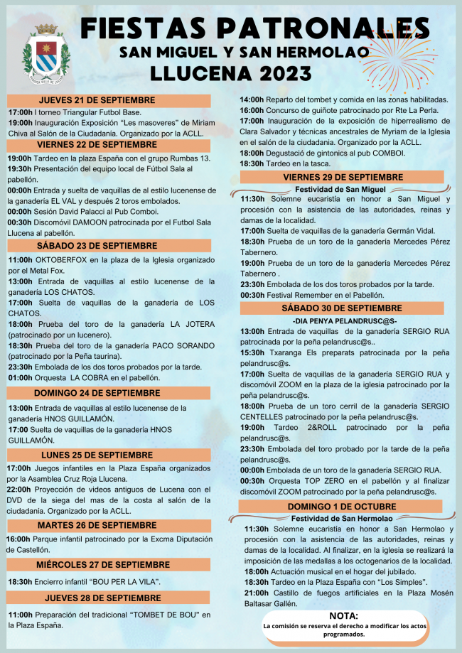 Programa de Fiestas Patronales San Miguel y San Hermolao de Lucena Programa de Fiestas Patronales San Miguel y San Hermolao de Lucena
